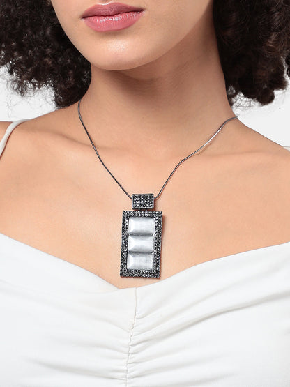 Silver-Plated Stones Studded Geometric Vista Pendant With Chain