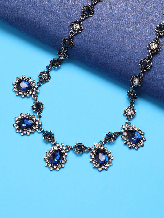 Artificial Stones Silver Plated Oxidised Necklace