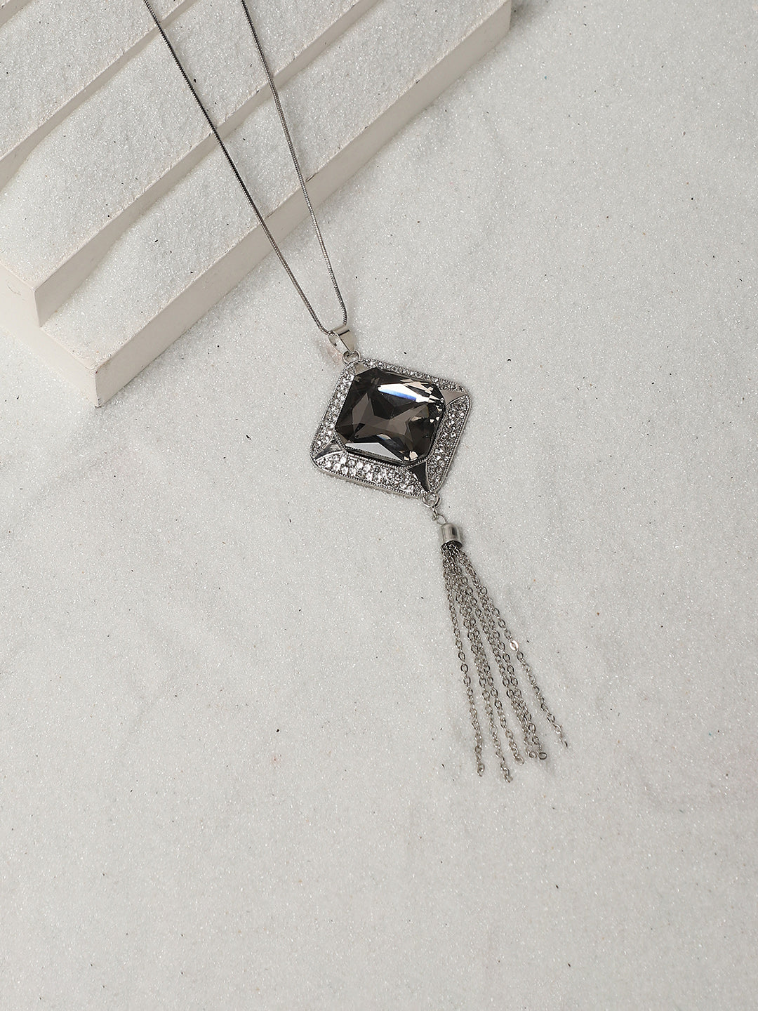 Silver-Plated Stone Studded Pendant Necklace With Tasseled Detail