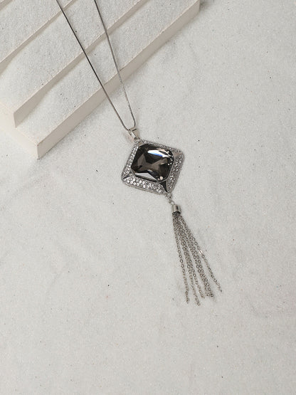 Silver-Plated Stone Studded Pendant Necklace With Tasseled Detail