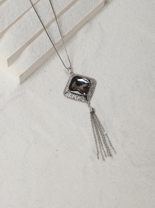 Silver-Plated Stone Studded Pendant Necklace With Tasseled Detail