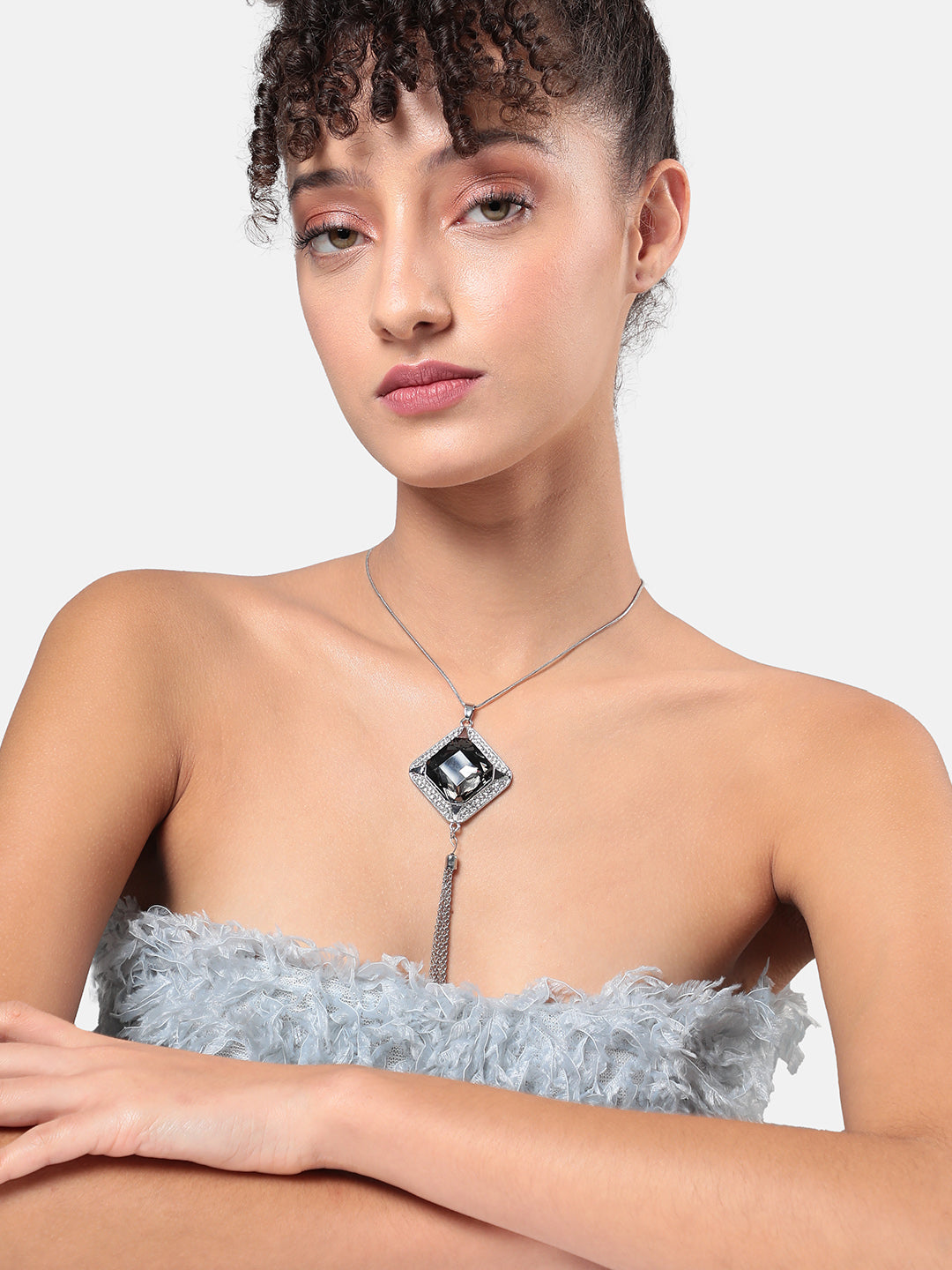 Silver-Plated Stone Studded Pendant Necklace With Tasseled Detail