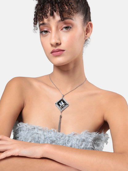 Silver-Plated Stone Studded Pendant Necklace With Tasseled Detail