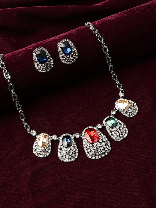 Silver-Plated Crystal-Stones Studded Jewellery Set