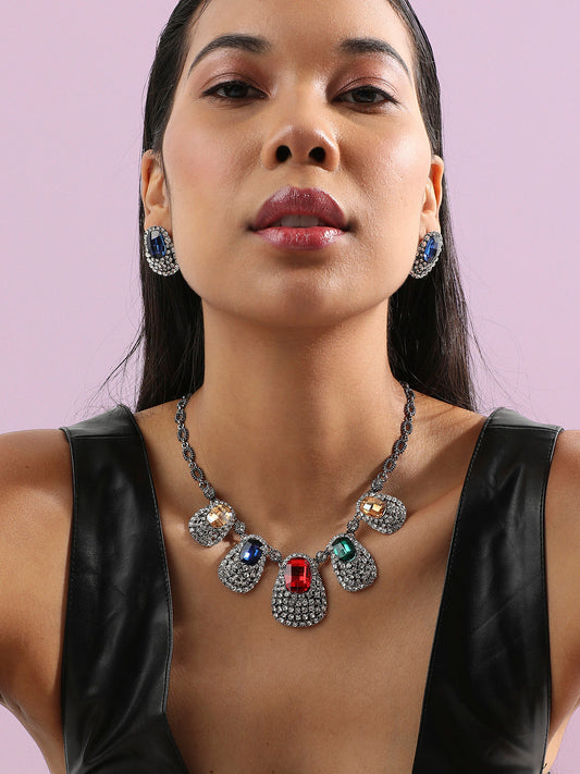Silver-Plated Crystal-Stones Studded Jewellery Set