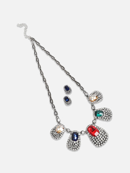 Silver-Plated Crystal-Stones Studded Jewellery Set