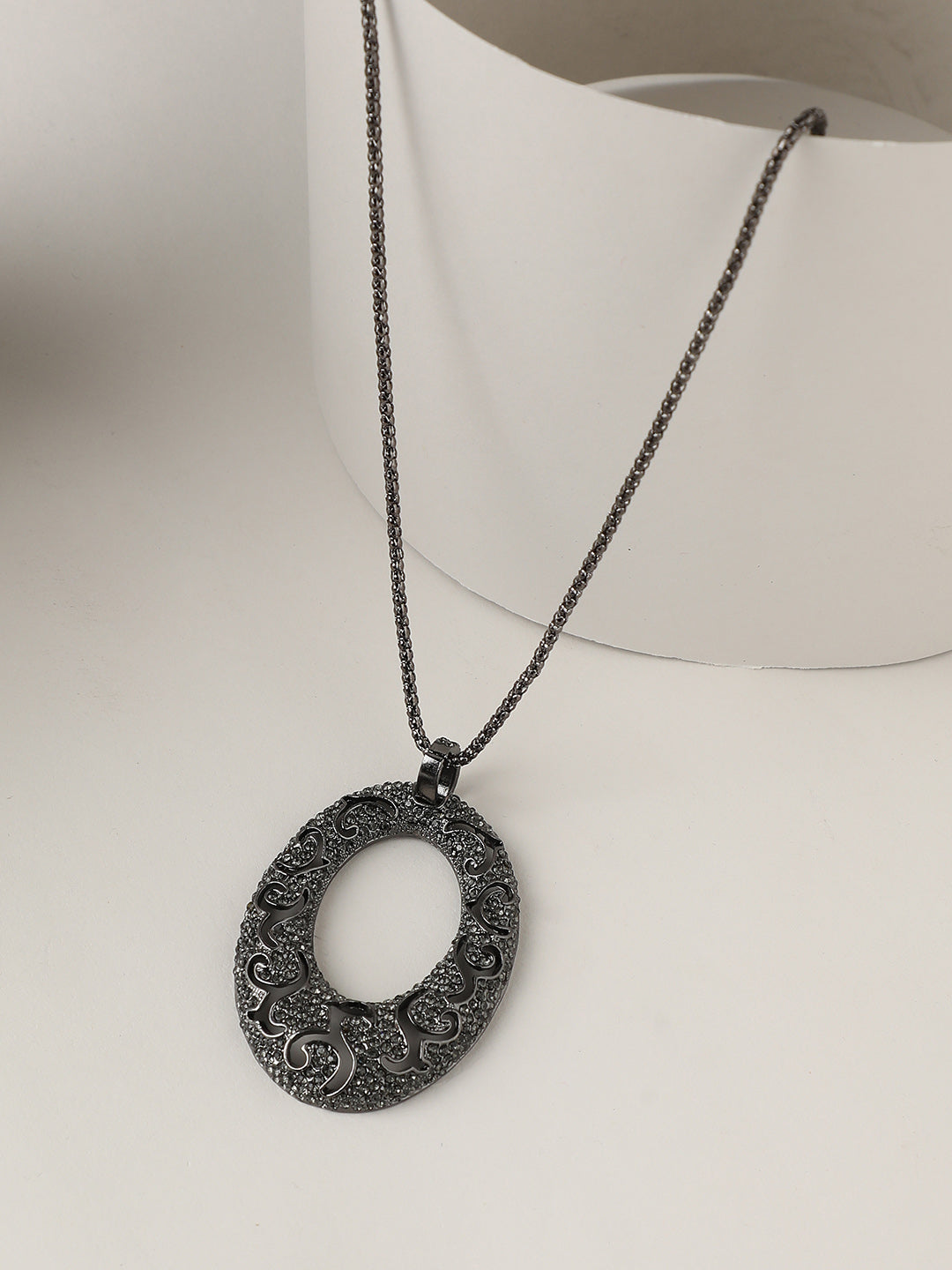 Silver-Plated Oval-Shaped Charm Pendant With Chain