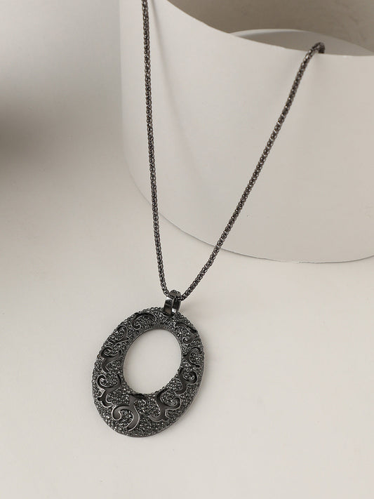 Silver-Plated Oval-Shaped Charm Pendant With Chain