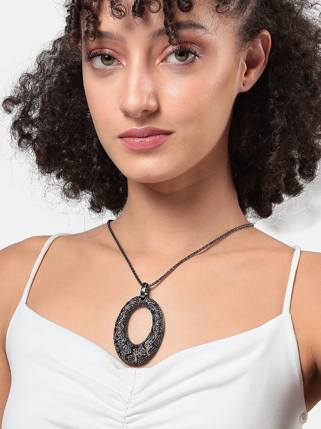 Silver-Plated Oval-Shaped Charm Pendant With Chain