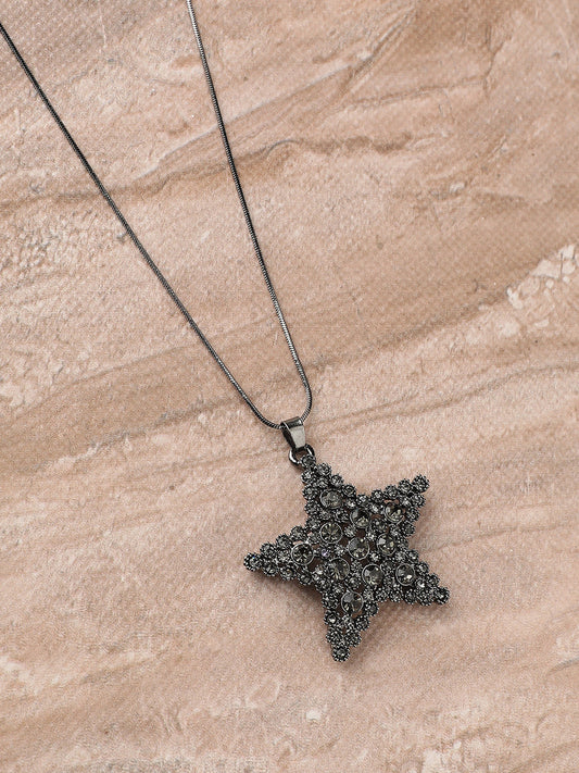 Silver-Plated Stone-Studded Star Shaped Pendant with Chain