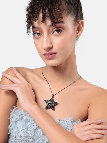 Silver-Plated Stone-Studded Star Shaped Pendant with Chain