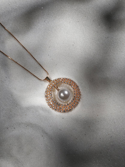 Gold-Plated Stone-Studded Beaded Circular Pendant with Chain