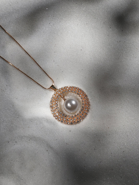 Gold-Plated Stone-Studded Beaded Circular Pendant with Chain