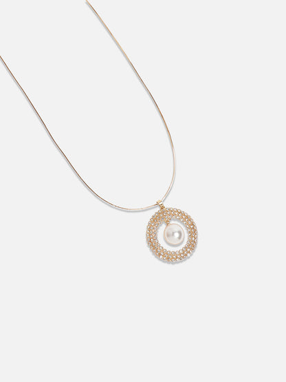 Gold-Plated Stone-Studded Beaded Circular Pendant with Chain