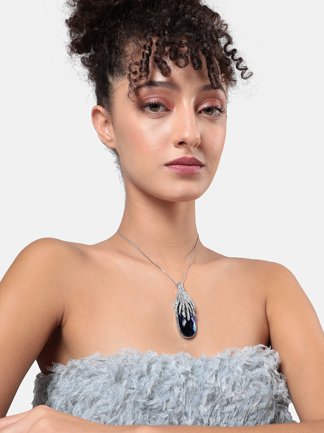 Silver-Plated Stone-Studded Pendant with Chain