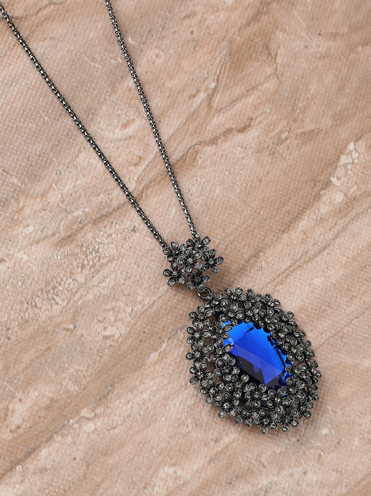 Silver-Plated Floral-Shaped Stone-Studded Pendant with Chain
