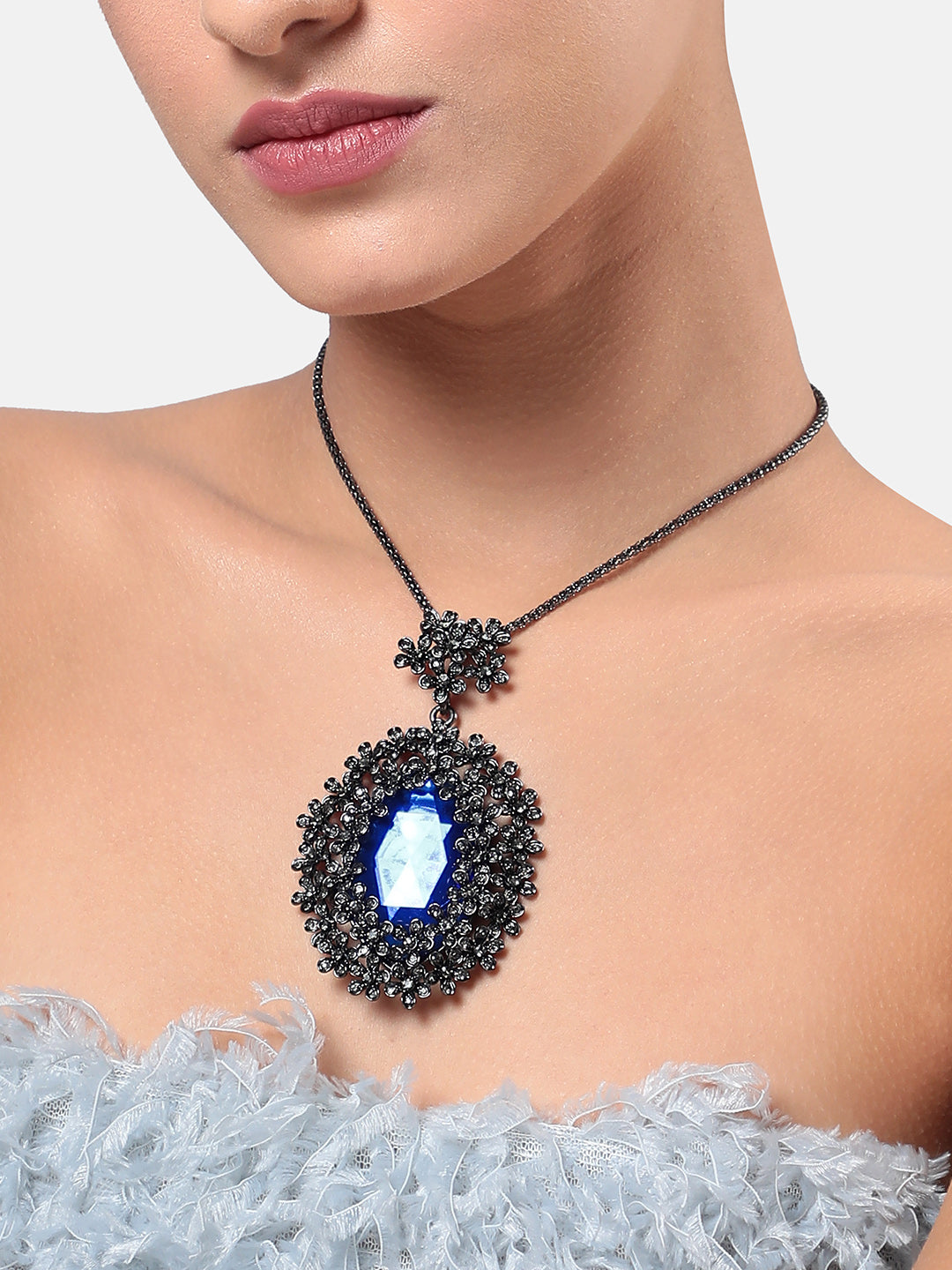 Silver-Plated Floral-Shaped Stone-Studded Pendant with Chain