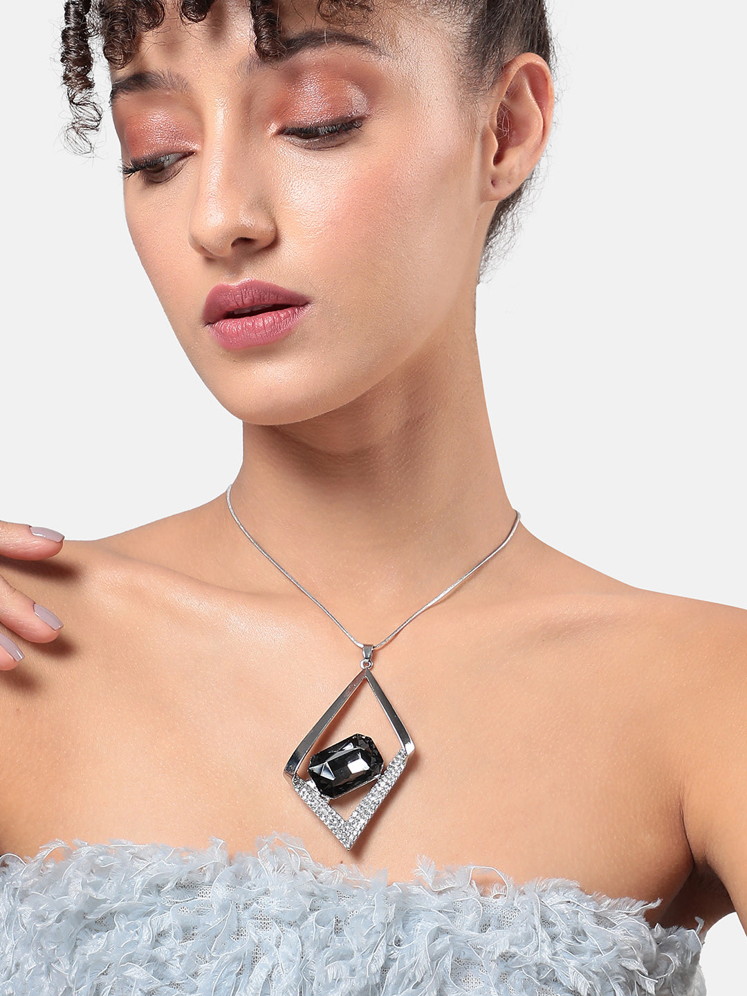 Silver-Plated Diamond Shaped Pendant With Chain
