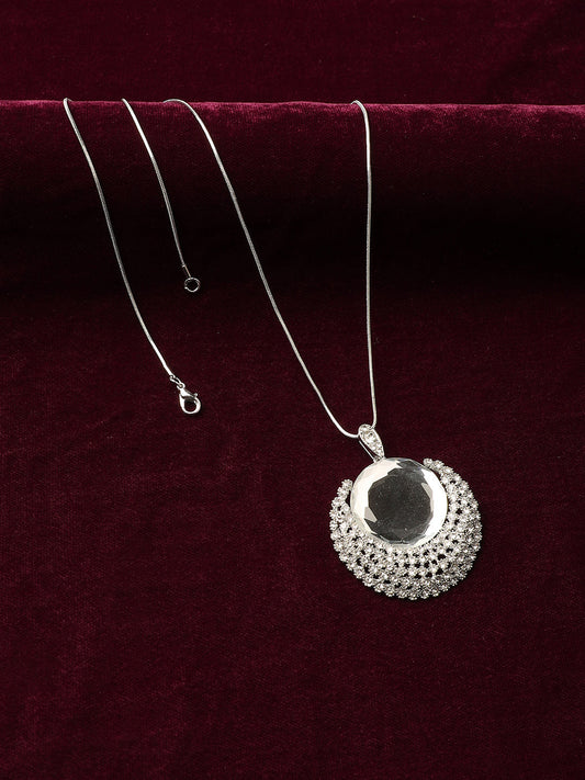 Silver-Plated Stone-Studded Crescent Shaped Pendant with Chain