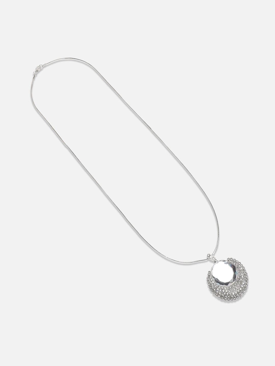 Silver-Plated Stone-Studded Crescent Shaped Pendant with Chain