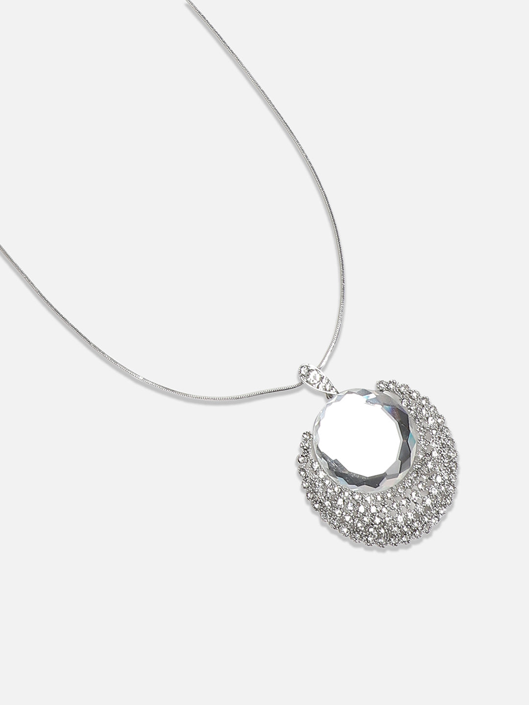 Silver-Plated Stone-Studded Crescent Shaped Pendant with Chain