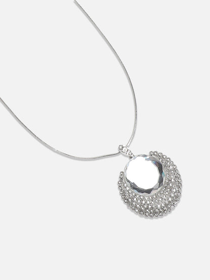 Silver-Plated Stone-Studded Crescent Shaped Pendant with Chain