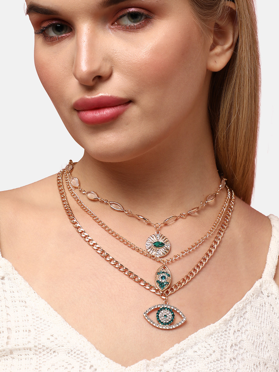 Set Of 3 Gold-Plated Studded Layered Necklaces