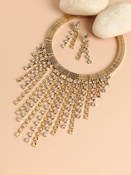 Gold-Plated Stone-Studded Beaded Necklace Earrings