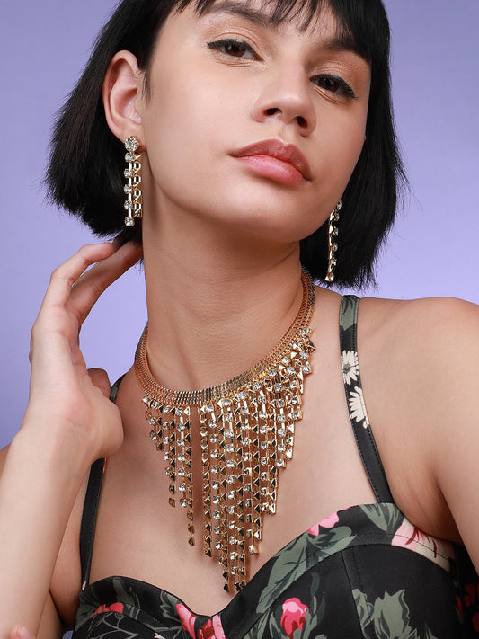 Gold-Plated Stone-Studded Beaded Necklace Earrings