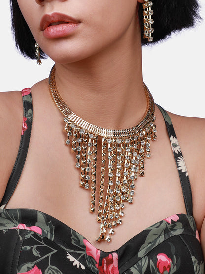 Gold-Plated Stone-Studded Beaded Necklace Earrings