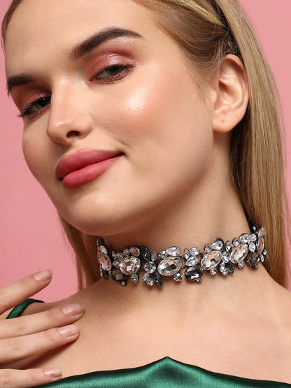 Silver-Plated Artificial Stones Studded Antique Necklace