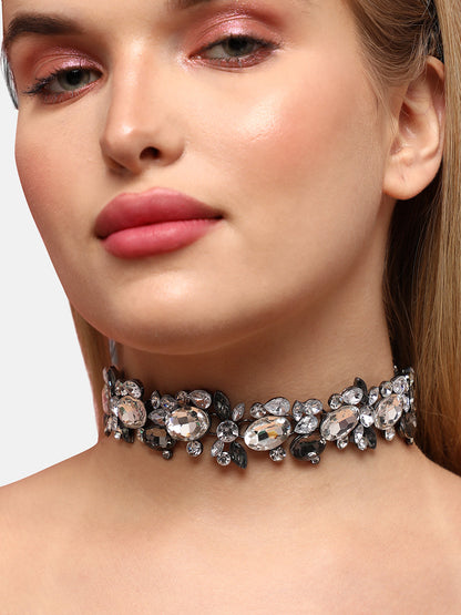 Silver-Plated Artificial Stones Studded Antique Necklace