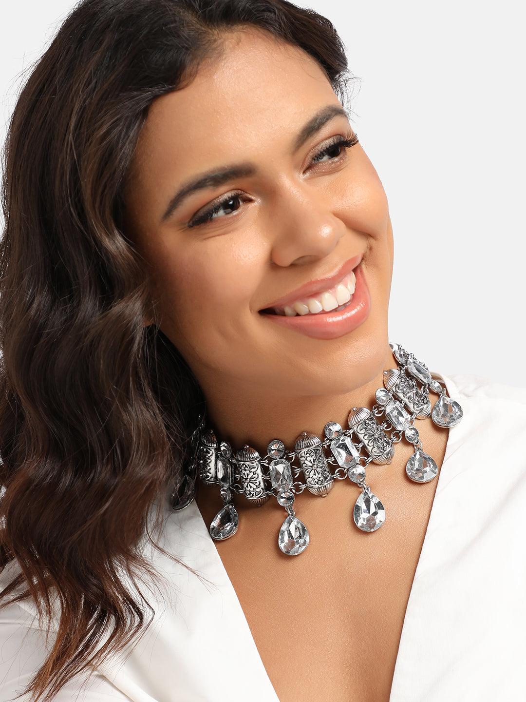 Silver Plated Stone Studded Choker Necklace