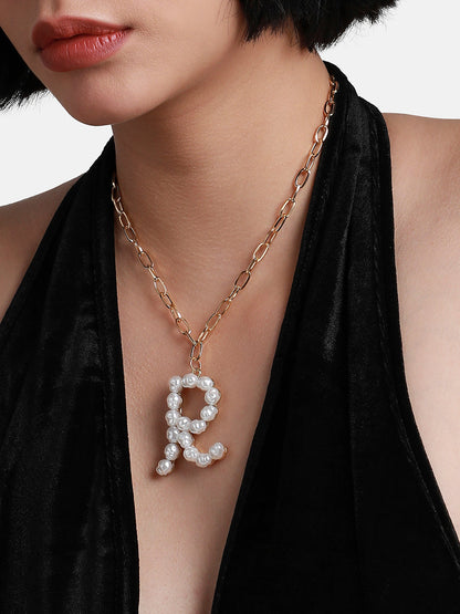 Pearl R Alphabet Gold-Plated Necklace