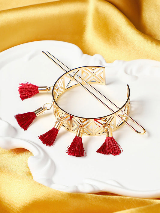 The Tassel Hair Pin - Crimson Red-SOHIPN6269