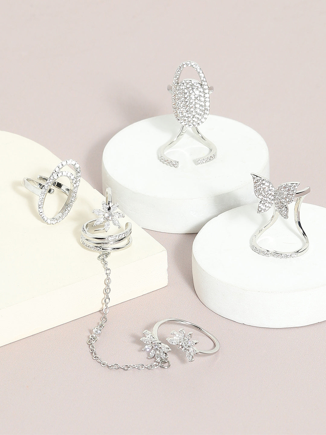 Set Of 4 Silver-Plated Stone Studded Rings