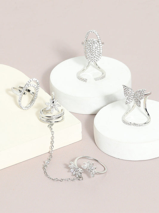 Set Of 4 Silver-Plated Stone Studded Rings