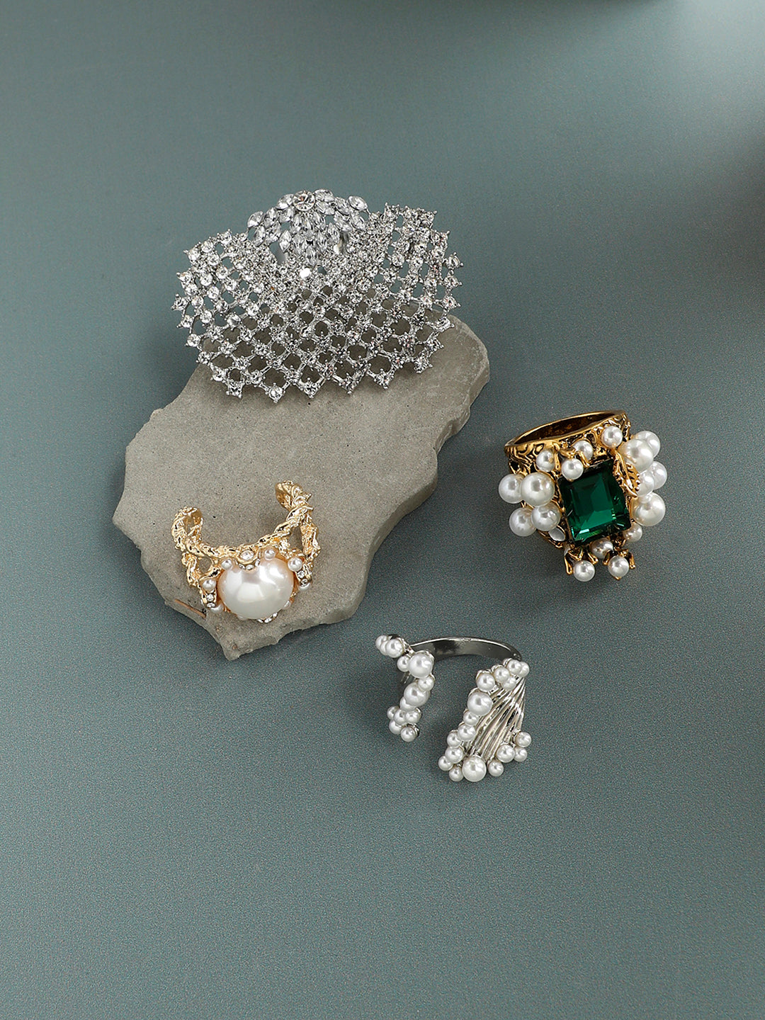 Set Of 4 Gold-Plated Stone-Studded Finger Ring