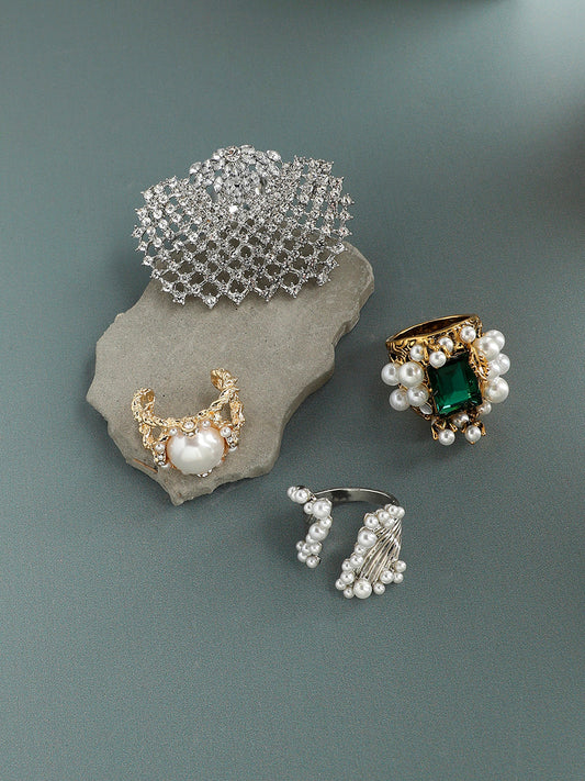 Set Of 4 Gold-Plated Stone-Studded Finger Ring