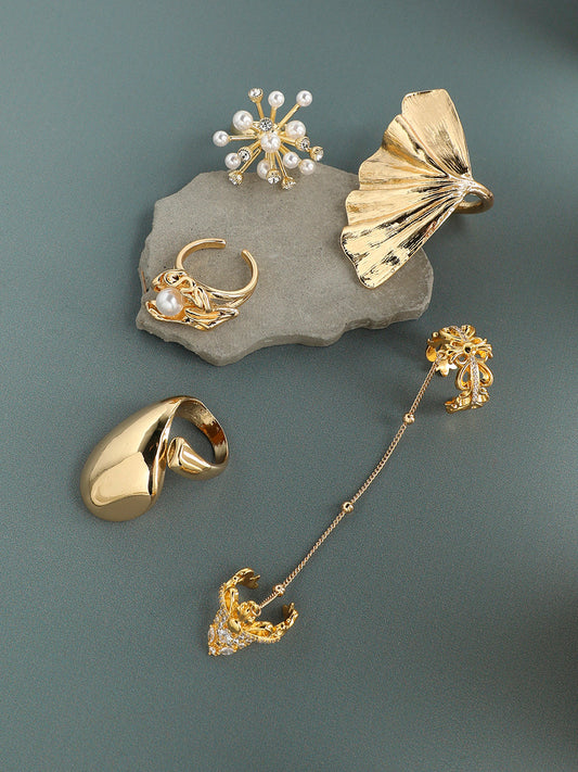 Set Of 5 Gold-Plated Artificial-Studded Adjustable Finger Ring