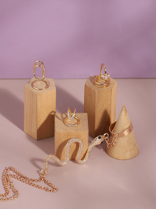 Set Of 4 Gold-Plated Stone-Studded Adjustable Finger Rings