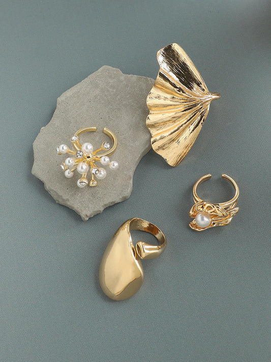 Set Of 4 Gold-Plated Artificial Beads Studded Rings