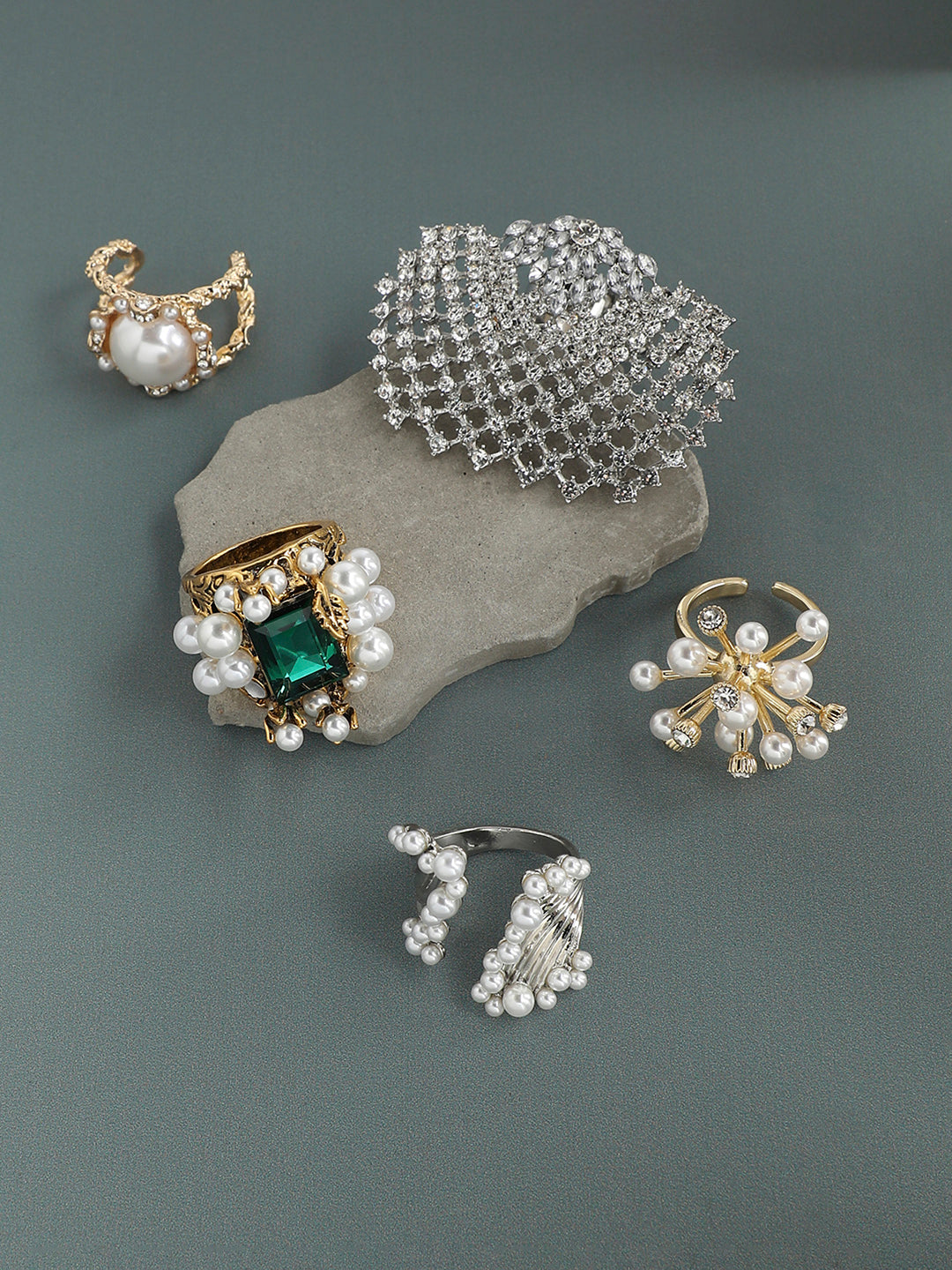 Set Of 5 Gold-Plated Stone-Studded Artificial-beaded Finger Ring