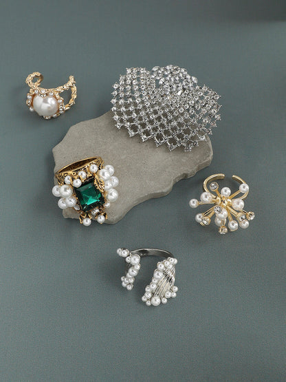 Set Of 5 Gold-Plated Stone-Studded Artificial-beaded Finger Ring
