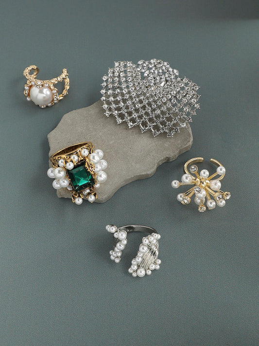 Set Of 5 Gold-Plated Stone-Studded Artificial-beaded Finger Ring
