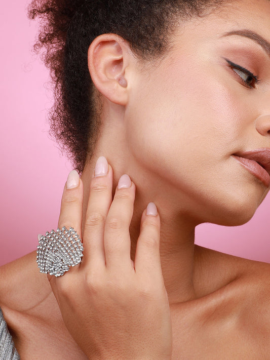 Set Of 5 Gold-Plated Stone-Studded Artificial-beaded Finger Ring
