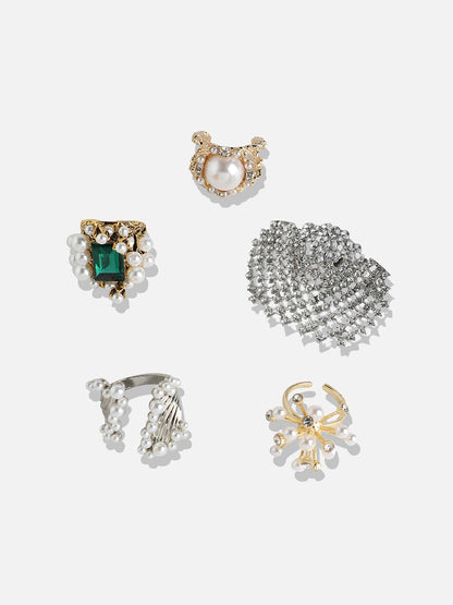 Set Of 5 Gold-Plated Stone-Studded Artificial-beaded Finger Ring