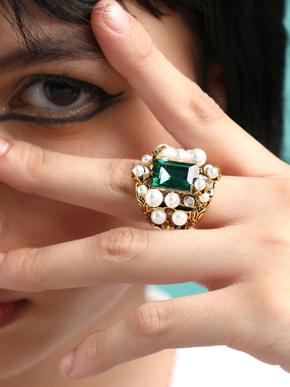 Set Of 5 Gold-Plated Stone-Studded Artificial-beaded Finger Ring