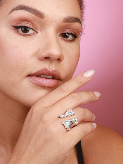 Set Of 5 Gold-Plated Stone-Studded Artificial-beaded Finger Ring