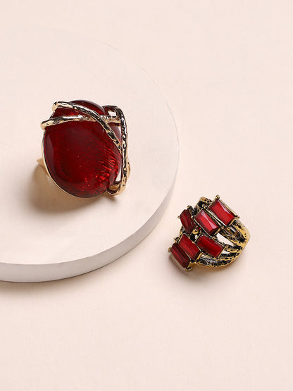 Set Of 2 Gold-Plated Stone-Studded Adjustable Finger Ring